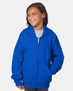 Hanes P480 Youth EcoSmart® Full-Zip Hooded Sweatshirt – Deep Royal (on model)