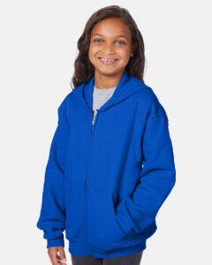 Hanes P480 Youth EcoSmart® Full-Zip Hooded Sweatshirt – Deep Royal (on model side)