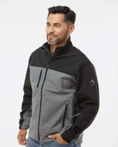DRI DUCK 5350T Men’s Tall Motion Soft Shell Jacket – Black Heather/ Black (on model side)