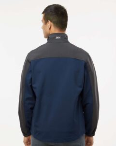 DRI DUCK 5350T Men’s Tall Motion Soft Shell Jacket – Deep Blue/ Charcoal (on model back)
