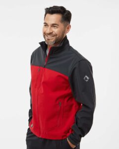DRI DUCK 5350T Men’s Tall Motion Soft Shell Jacket – Red/ Charcoal (on model side)