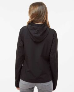 DRI DUCK 9411 Women’s Ascent Soft Shell Hooded Jacket – Black (on model back)