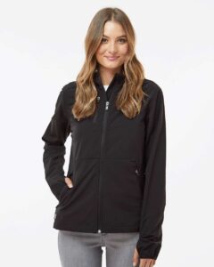 DRI DUCK 9411 Women’s Ascent Soft Shell Hooded Jacket – Black (on model)
