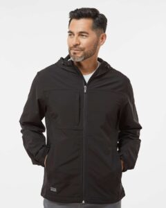 DRI DUCK 5310 Men’s Apex Soft Shell Hooded Jacket – Black (on model)