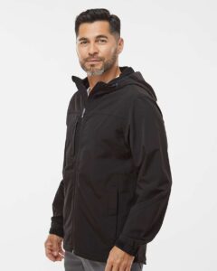 DRI DUCK 5310 Men’s Apex Soft Shell Hooded Jacket – Black (on model side)