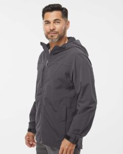 DRI DUCK 5310 Men’s Apex Soft Shell Hooded Jacket – Charcoal (on model side)