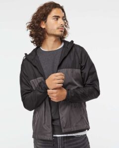 Independent Trading Co. EXP54LWZ Men’s Lightweight Windbreaker Full-Zip Jacket – Black/ Graphite (on model)