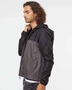 Independent Trading Co. EXP54LWZ Men’s Lightweight Windbreaker Full-Zip Jacket – Black/ Graphite (on model side)