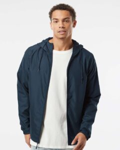 Independent Trading Co. EXP54LWZ Men’s Lightweight Windbreaker Full-Zip Jacket – Classic Navy (on model)