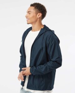 Independent Trading Co. EXP54LWZ Men’s Lightweight Windbreaker Full-Zip Jacket – Classic Navy (on model side)