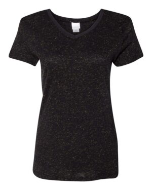 J. America 8136 Women’s Glitter V-Neck T-Shirt – Black/ Gold