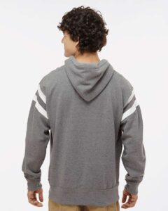 J. America 8847 Men’s Vintage Athletic Hooded Sweatshirt – Smoke Heather (on model back)