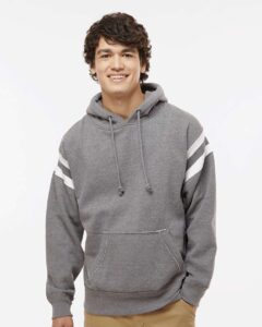 J. America 8847 Men’s Vintage Athletic Hooded Sweatshirt – Smoke Heather (on model)