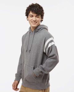 J. America 8847 Men’s Vintage Athletic Hooded Sweatshirt – Smoke Heather (on model side)