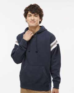 J. America 8847 Men’s Vintage Athletic Hooded Sweatshirt – Vintage Navy (on model)