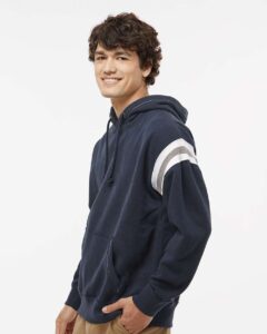 J. America 8847 Men’s Vintage Athletic Hooded Sweatshirt – Vintage Navy (on model side)