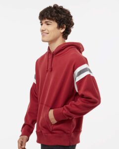 J. America 8847 Men’s Vintage Athletic Hooded Sweatshirt – Simply Red (on model side)