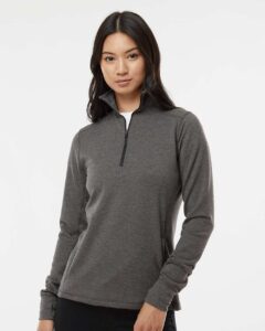 J. America 8433 Women’s Omega Stretch Quarter-Zip Pullover – Charcoal Triblend (on model)