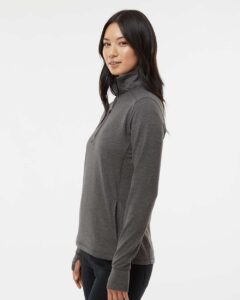 J. America 8433 Women’s Omega Stretch Quarter-Zip Pullover – Charcoal Triblend (on model side)