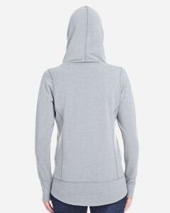J. America 8431 Women’s Omega Stretch Snap-Placket Hooded Sweatshirt – Silver Grey Triblend (on model back)