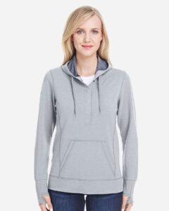 J. America 8431 Women’s Omega Stretch Snap-Placket Hooded Sweatshirt – Silver Grey Triblend (on model)