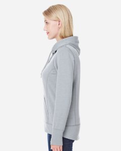 J. America 8431 Women’s Omega Stretch Snap-Placket Hooded Sweatshirt – Silver Grey Triblend (on model side)