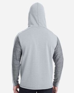 J. America 8435 Men’s Omega Stretch Hooded Sweatshirt – Silver Grey Triblend (on model back)
