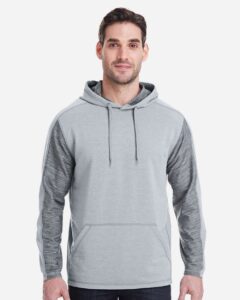 J. America 8435 Men’s Omega Stretch Hooded Sweatshirt – Silver Grey Triblend (on model)