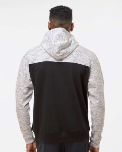 J. America 8676 Men’s Mélange Fleece Colorblocked Hooded Sweatshirt – Black/ White (on model back)