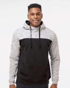 J. America 8676 Men’s Mélange Fleece Colorblocked Hooded Sweatshirt – Black/ White (on model)