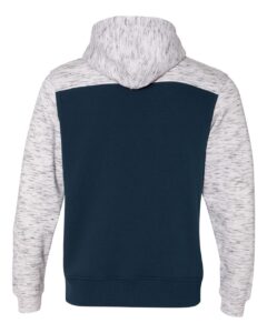 J. America 8676 Men’s Mélange Fleece Colorblocked Hooded Sweatshirt – Navy/ White (back)