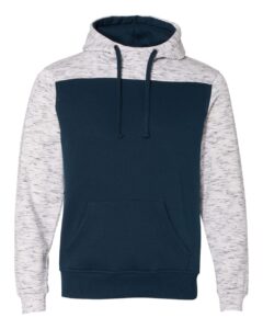 J. America 8676 Men’s Mélange Fleece Colorblocked Hooded Sweatshirt – Navy/ White