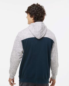 J. America 8676 Men’s Mélange Fleece Colorblocked Hooded Sweatshirt – Navy/ White (on model back)