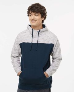 J. America 8676 Men’s Mélange Fleece Colorblocked Hooded Sweatshirt – Navy/ White (on model)