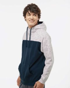 J. America 8676 Men’s Mélange Fleece Colorblocked Hooded Sweatshirt – Navy/ White (on model side)