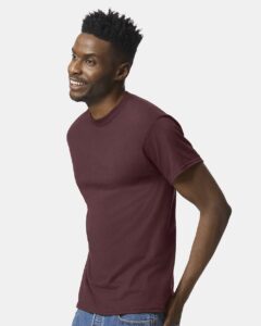 Gildan 8000 Unisex DryBlend® T-Shirt – Dark Maroon (on model side)