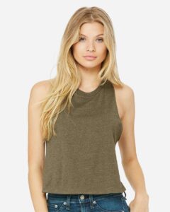 BELLA + CANVAS 6682 Women’s Racerback Crop Tank – Heather Olive (on model)