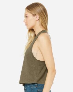 BELLA + CANVAS 6682 Women’s Racerback Crop Tank – Heather Olive (on model side)