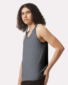 American Apparel 2408 Unisex Fine Jersey Tank – Asphalt (on model side)
