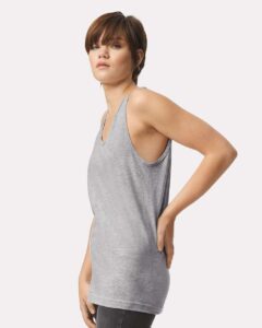 American Apparel 2408 Unisex Fine Jersey Tank – Heather Grey (on model side)