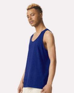 American Apparel 2408 Unisex Fine Jersey Tank – Lapis (on model side)