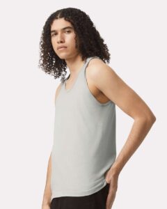American Apparel 2408 Unisex Fine Jersey Tank – New Silver (on model side)