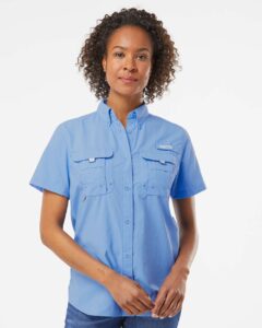 Columbia 139655 Women’s PFG Bahama™ Short Sleeve Shirt – White Cap Blue (on model)