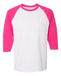 Gildan 5700 Unisex Heavy Cotton™ Raglan Three-Quarter Sleeve T-Shirt – White/ Heliconia