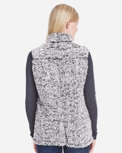 J. America 8456 Women’s Epic Sherpa Full-Zip Vest – Black Heather (on model back)