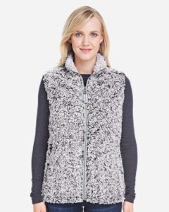 J. America 8456 Women’s Epic Sherpa Full-Zip Vest – Black Heather (on model)