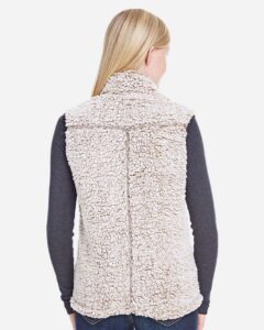 J. America 8456 Women’s Epic Sherpa Full-Zip Vest – Oatmeal Heather (on model back)