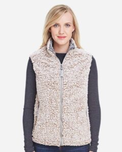 J. America 8456 Women’s Epic Sherpa Full-Zip Vest – Oatmeal Heather (on model)
