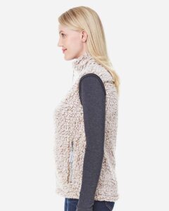 J. America 8456 Women’s Epic Sherpa Full-Zip Vest – Oatmeal Heather (on model side)