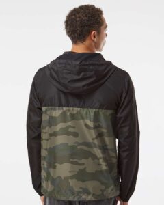 Independent Trading Co. EXP54LWZ Men’s Lightweight Windbreaker Full-Zip Jacket – Black/ Forest Camo (on model back)